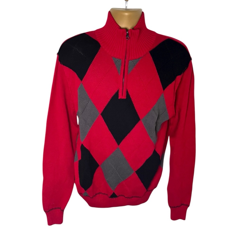 Carbon Argyle Quarter Zip Sweater Slim Fit Pullover Red Black Gray L